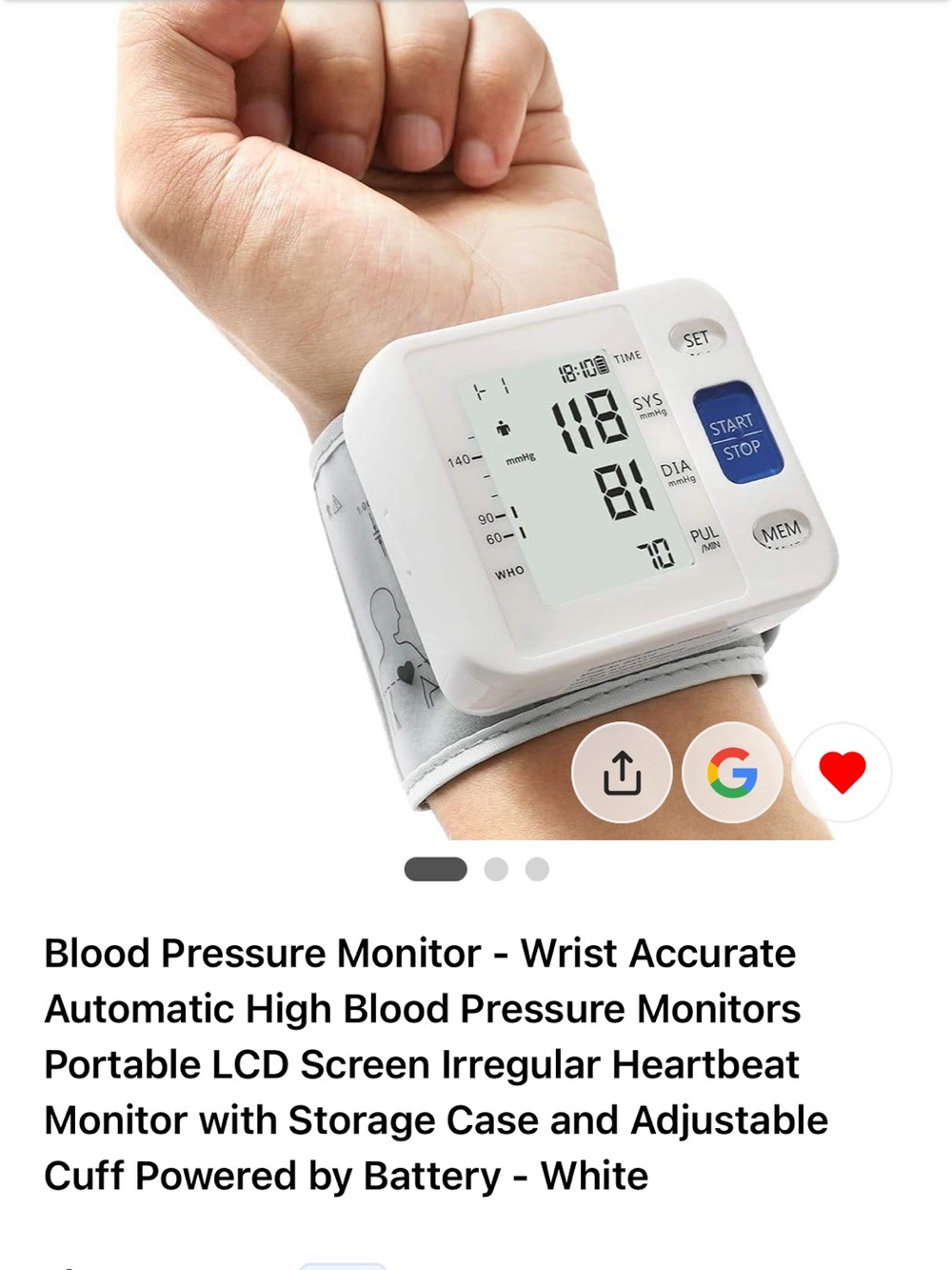 White Wrist Blood Pressure Monitor - Automatic LCD Heartbeat Monitor